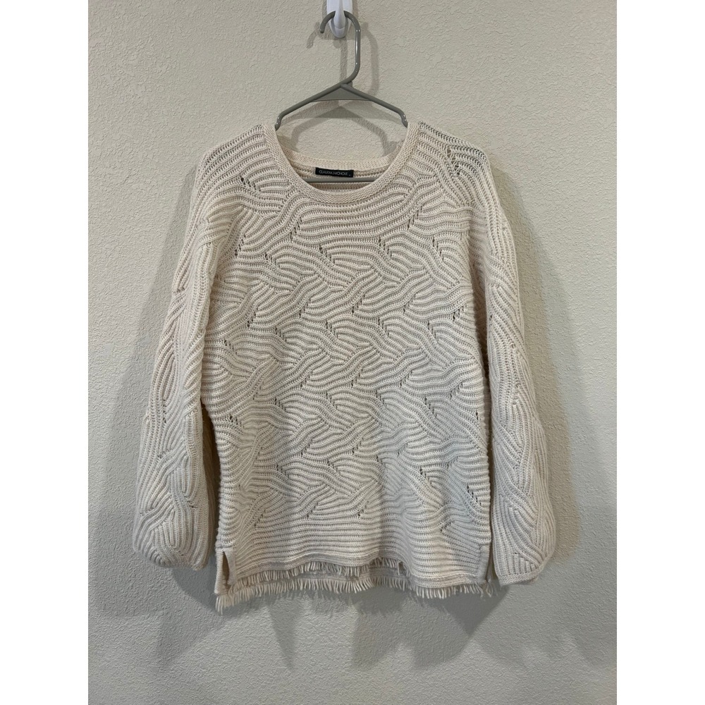 CLAUDIA NICHOLE Cream Merino Wool Cashmere Knit Sweater Woven Pattern Fringe M